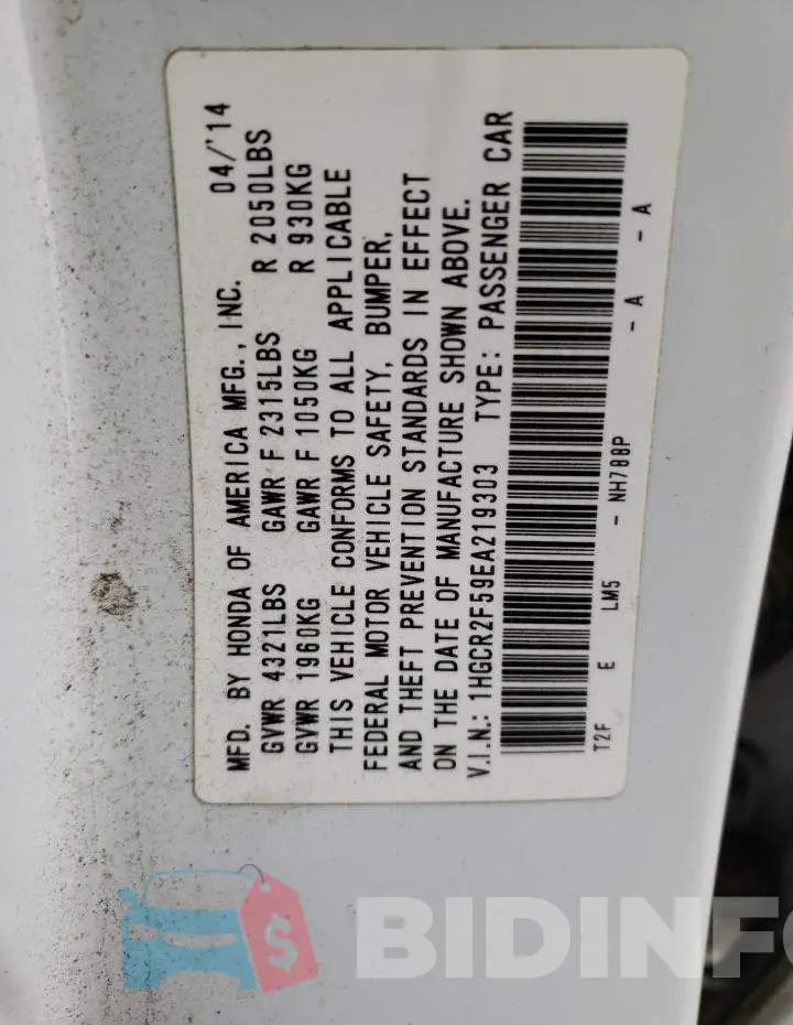 1HGCR2F59EA219303 Photo# 12