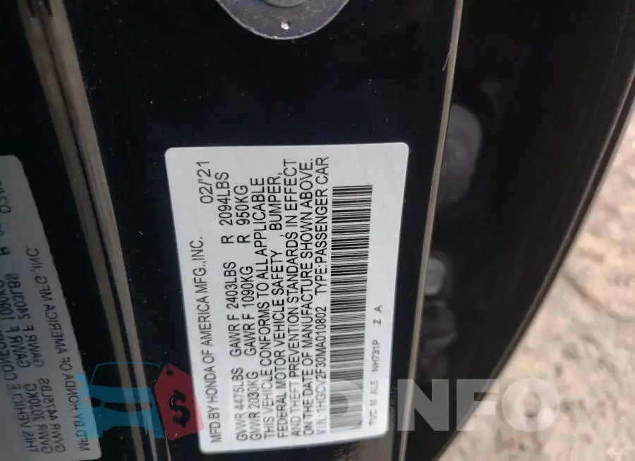 1HGCV2F30MA010802 Photo# 10
