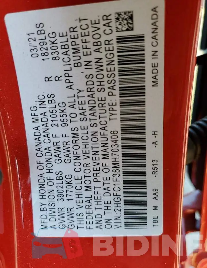 2HGFC1F38MH703406 Photo# 12