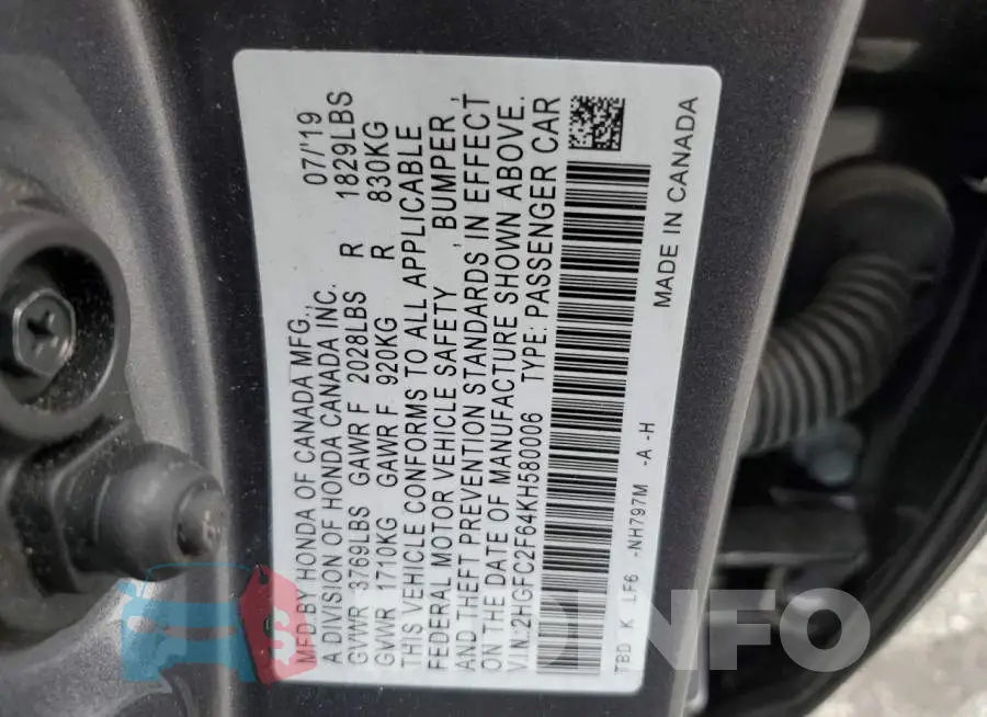 2HGFC2F64KH580006 Photo# 10