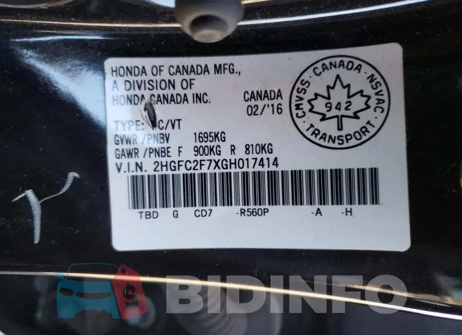 2HGFC2F7XGH017414 Photo# 10