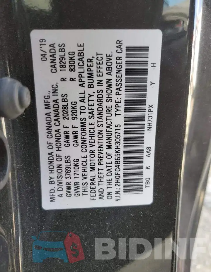 2HGFC4B65KH305715 Photo# 10