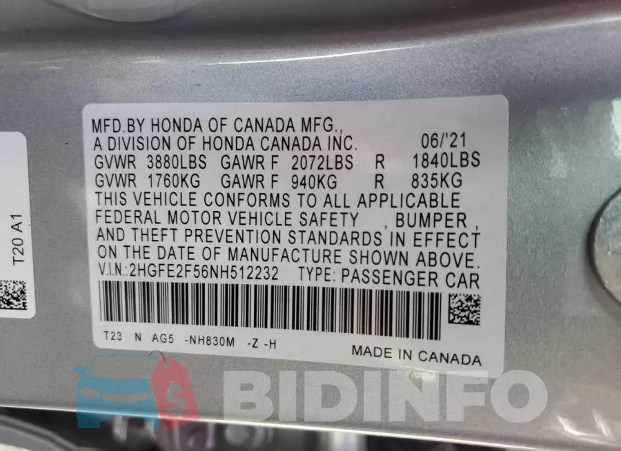 2HGFE2F56NH512232 Photo# 13