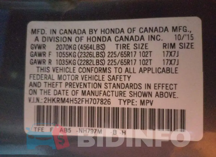 2HKRM4H52FH707826 Photo# 13