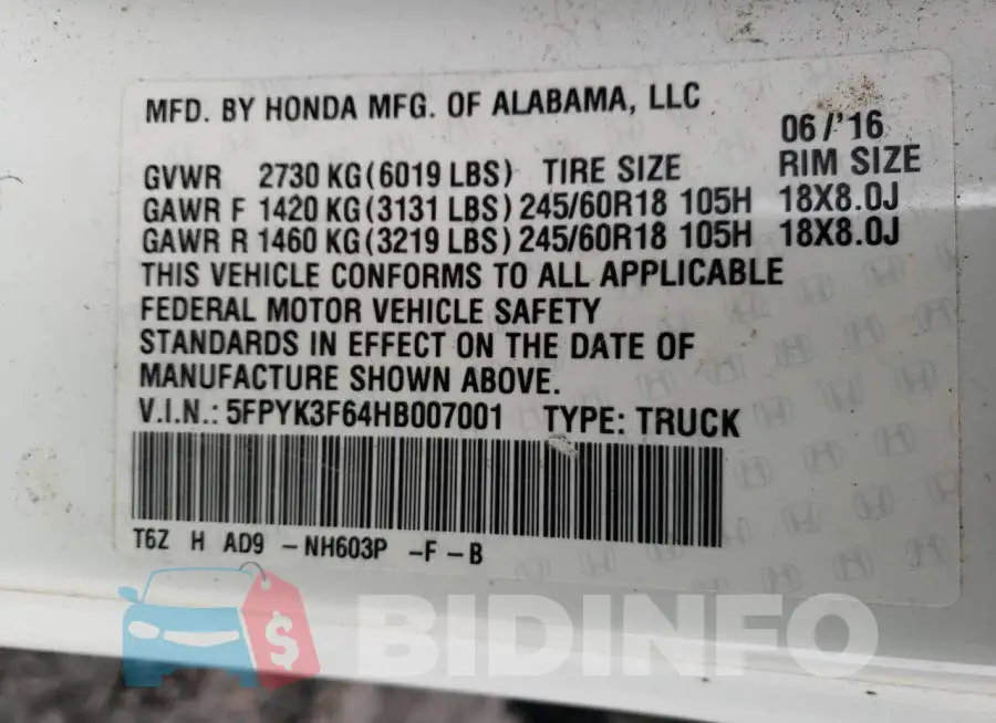 5FPYK3F64HB007001 Photo# 12