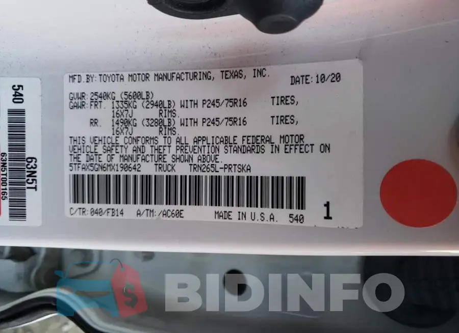 5TFAX5GN6MX190642 Photo# 12
