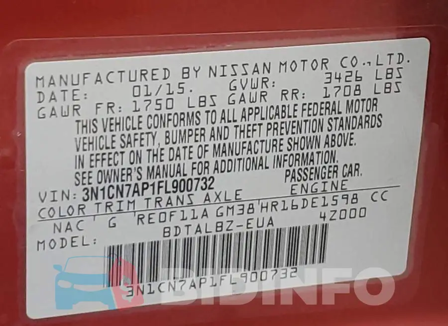 3N1CN7AP1FL900732 Photo# 12