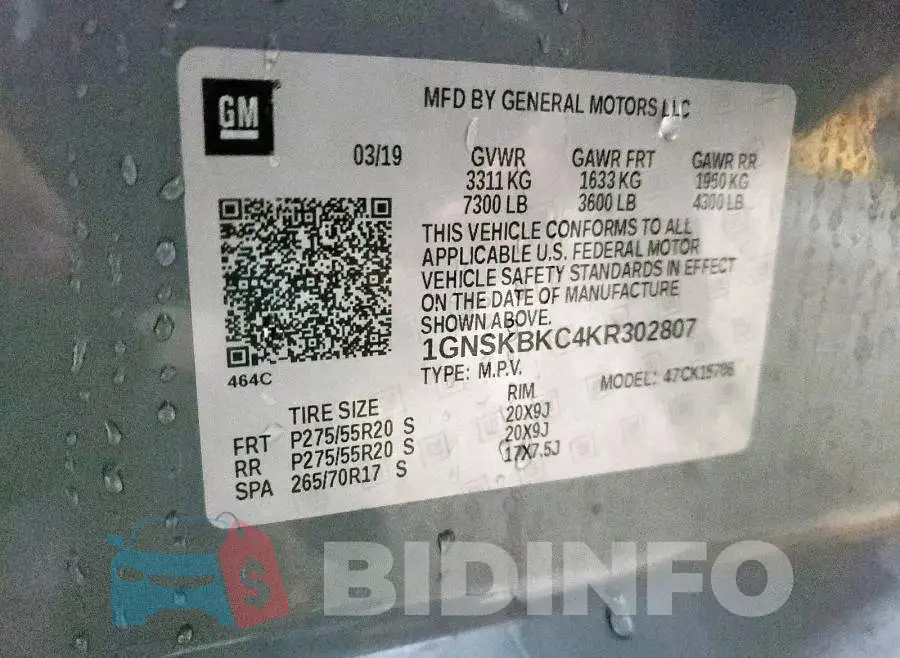 1GNSKBKC4KR302807 Photo# 10