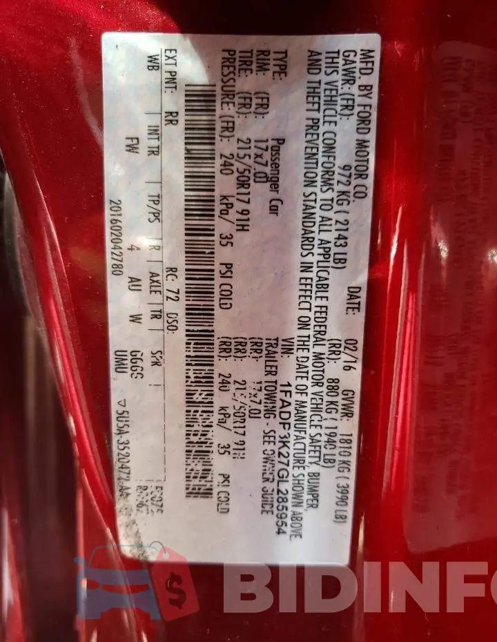 1FADP3K27GL285954 Photo# 10