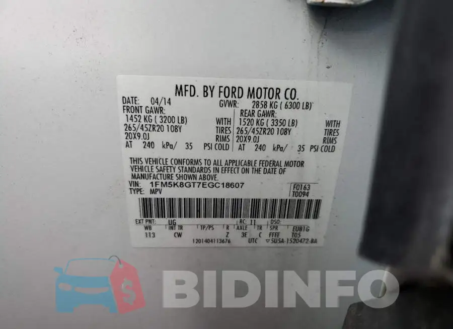 1FM5K8GT7EGC18607 Photo# 14