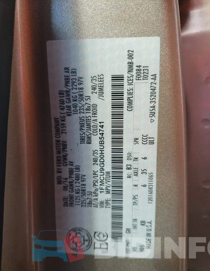 1FMCU9GD0HUB54741 Photo# 13