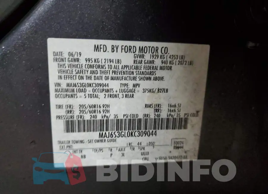 MAJ6S3GL0KC309044 Photo# 13