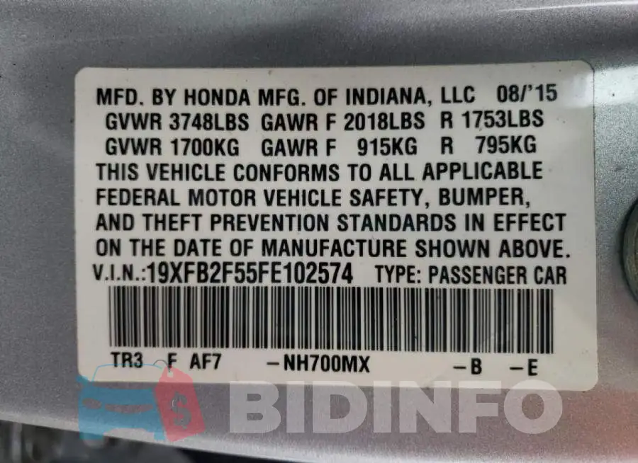 19XFB2F55FE102574 Photo# 13