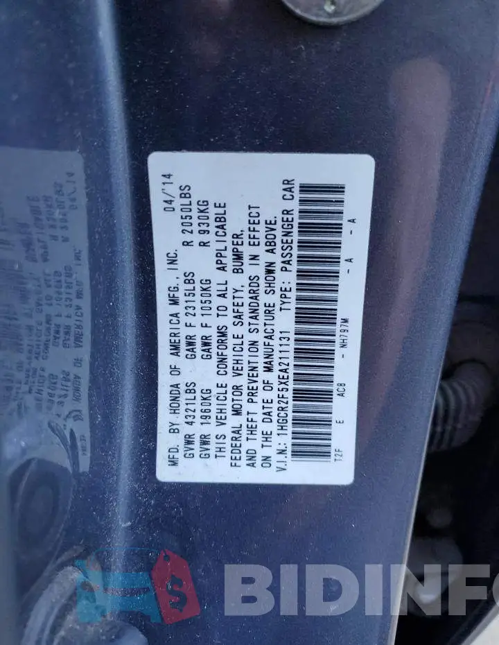 1HGCR2F5XEA211131 Photo# 12