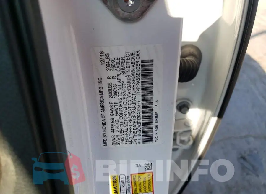 1HGCV2F32KA003797 Photo# 10