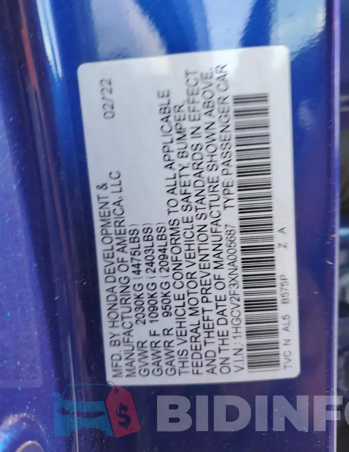 1HGCV2F3XNA005687 Photo# 10