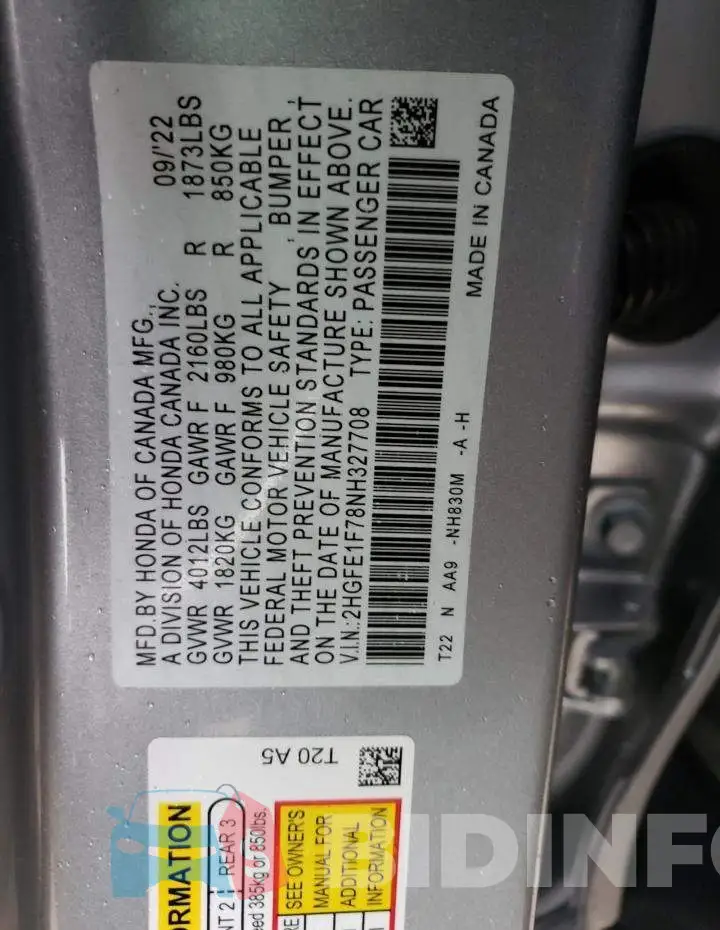 2HGFE1F78NH327708 Photo# 12