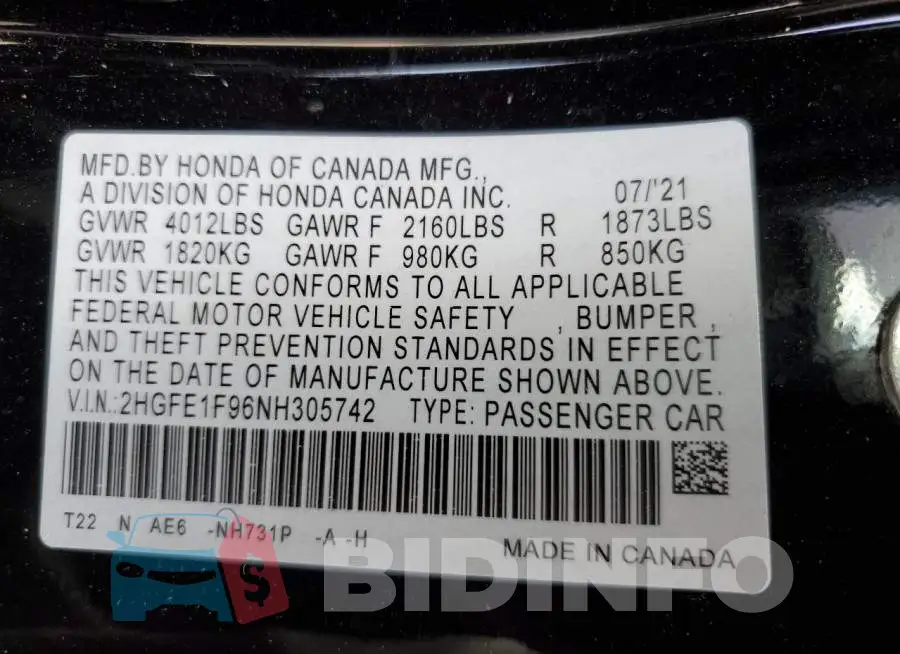2HGFE1F96NH305742 Photo# 10