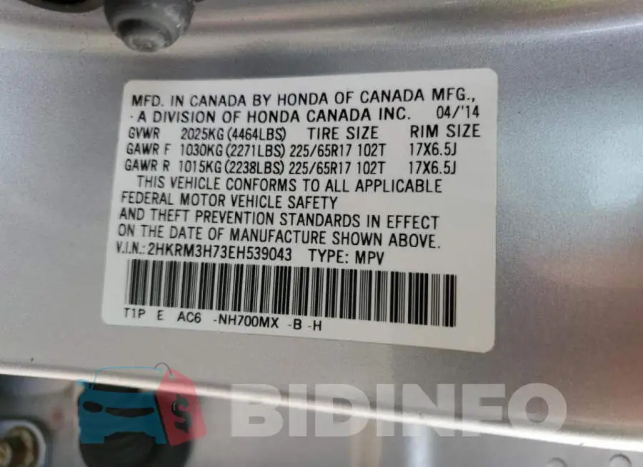 2HKRM3H73EH539043 Photo# 13