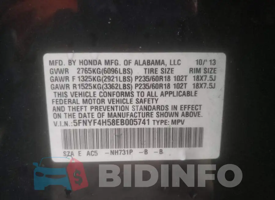 5FNYF4H58EB005741 Photo# 13
