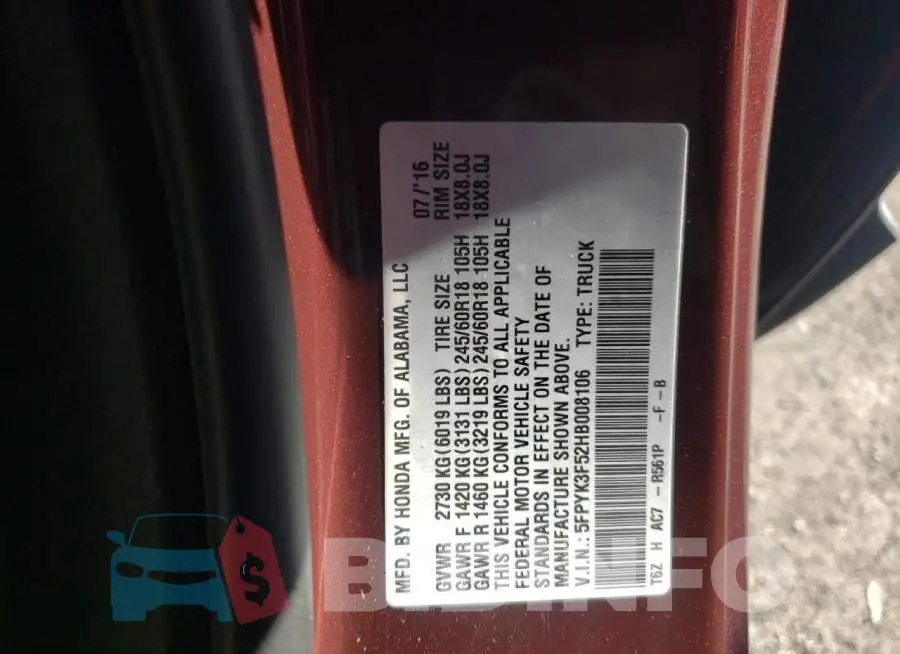 5FPYK3F52HB008106 Photo# 12