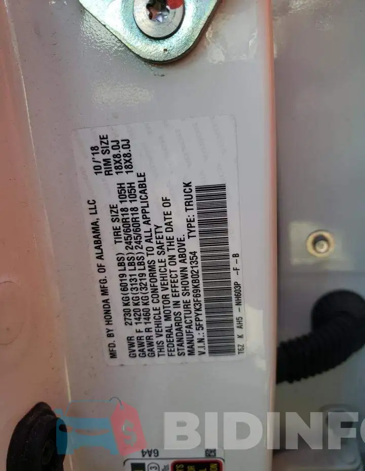 5FPYK3F69KB021354 Photo# 10