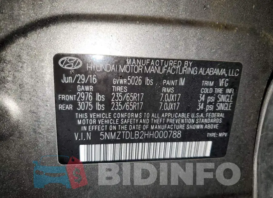 5NMZTDLB2HH000788 Photo# 12