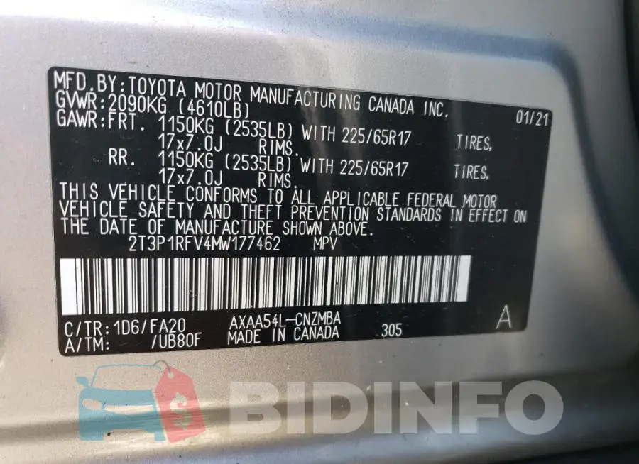 2T3P1RFV4MW177462 Photo# 13