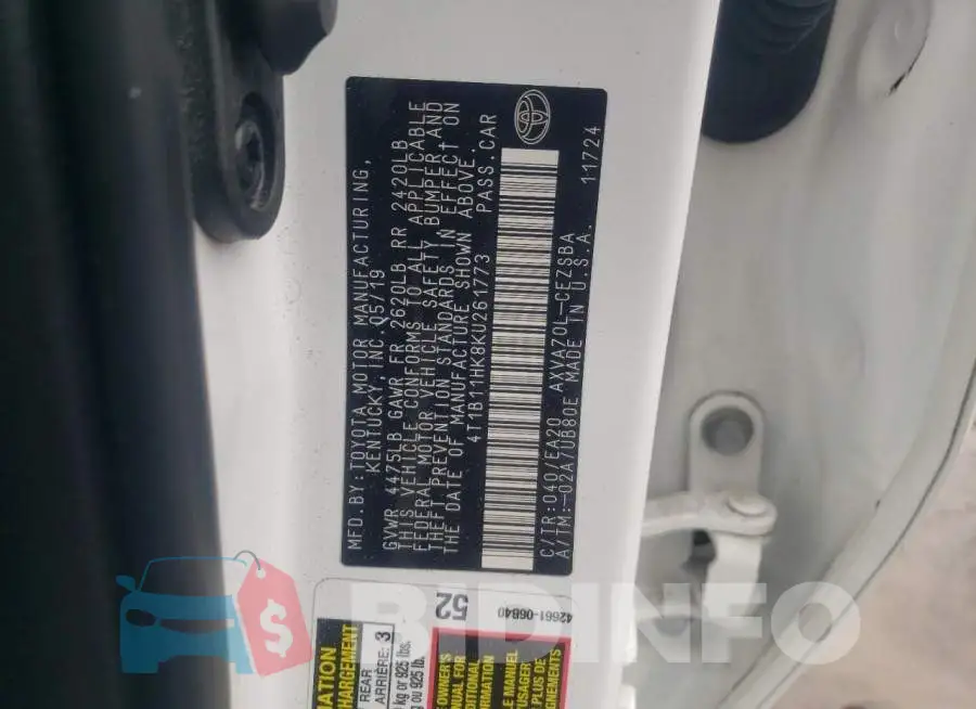 4T1B11HK8KU261773 Photo# 12