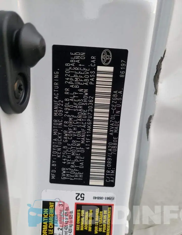 4T1F11AK6PU730362 Photo# 13