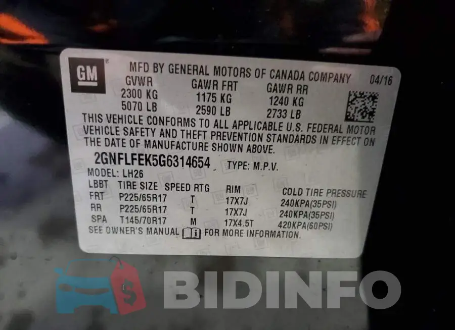 2GNFLFEK5G6314654 Photo# 13