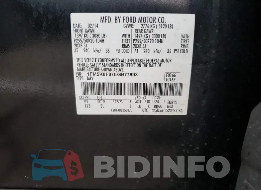 1FM5K8F87EGB77893 Photo# 10