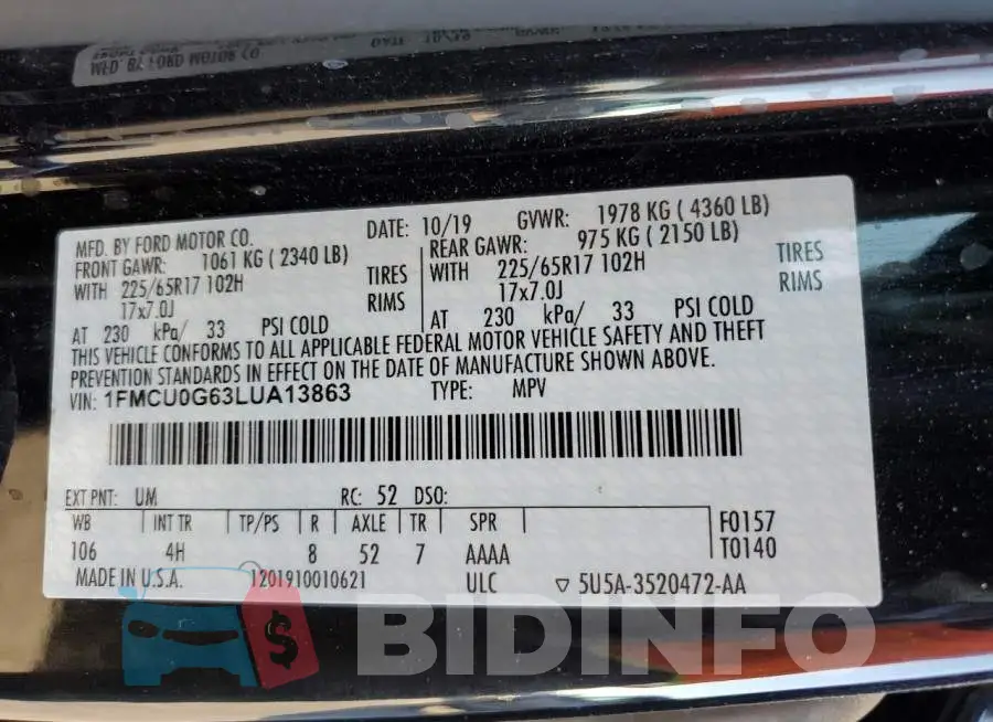 1FMCU0G63LUA13863 Photo# 12