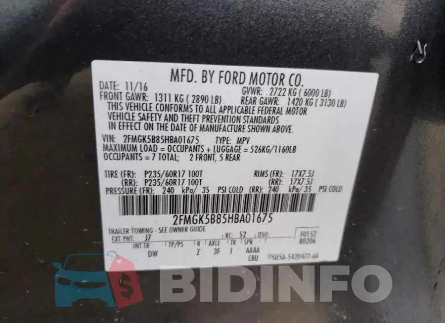 2FMGK5B85HBA01675 Photo# 13