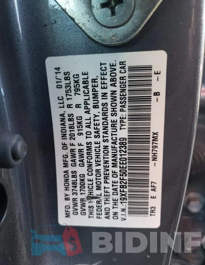 19XFB2F50EE012389 Photo# 10