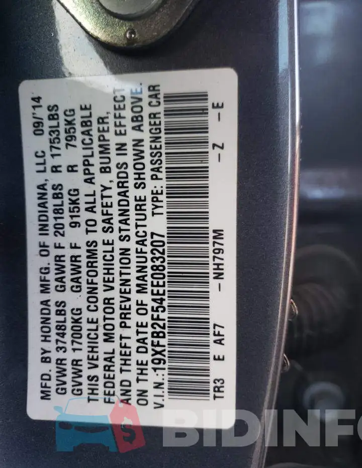 19XFB2F54EE083207 Photo# 12
