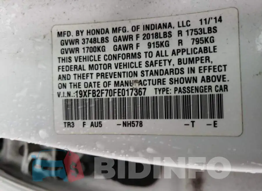 19XFB2F70FE017367 Photo# 13
