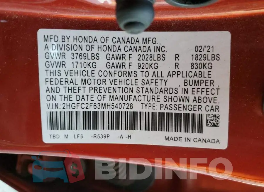 2HGFC2F63MH540728 Photo# 12