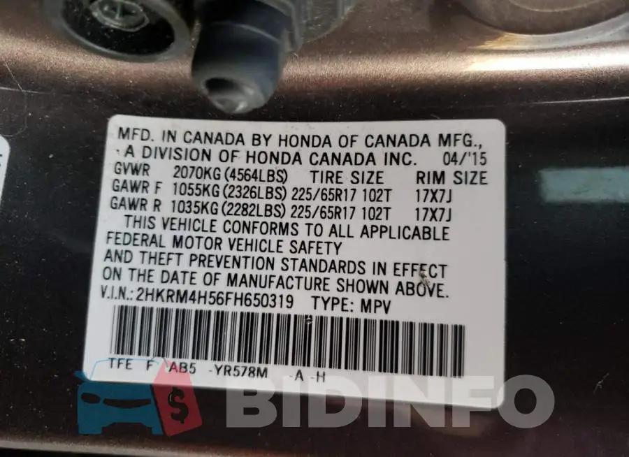 2HKRM4H56FH650319 Photo# 10
