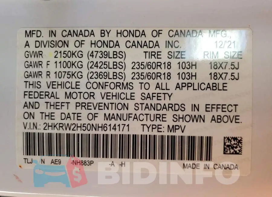2HKRW2H50NH614171 Photo# 10