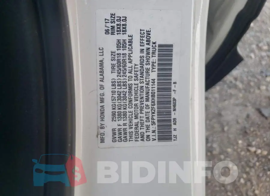 5FPYK2F6XHB011144 Photo# 10