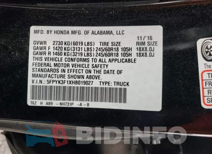 5FPYK3F1XHB019027 Photo# 12