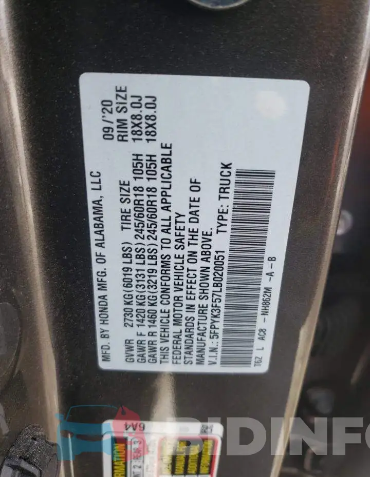 5FPYK3F57LB020051 Photo# 12