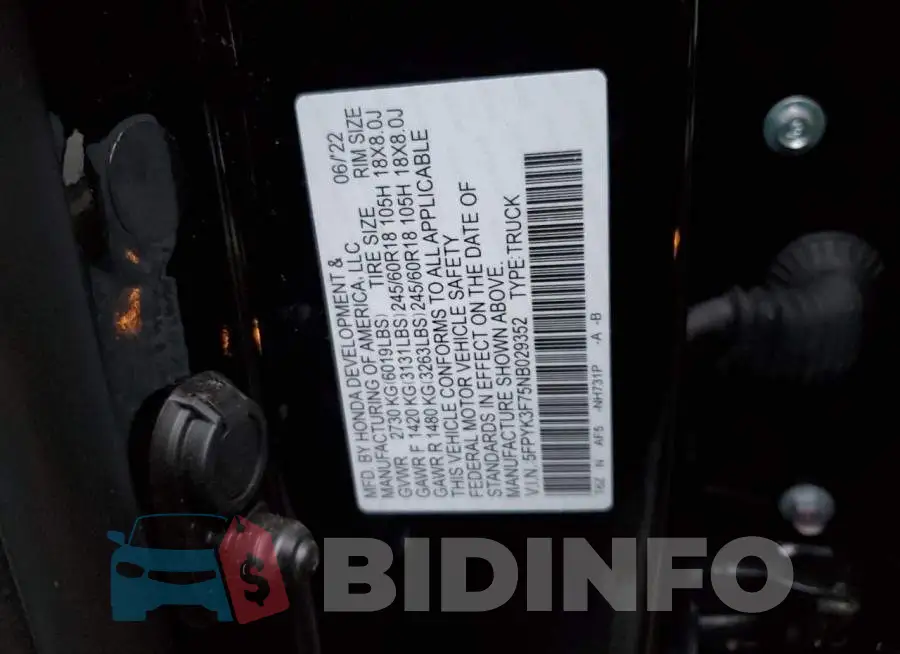 5FPYK3F75NB029352 Photo# 12
