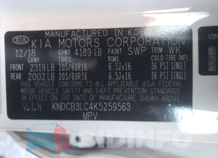 KNDCB3LC4K5259563 Photo# 13