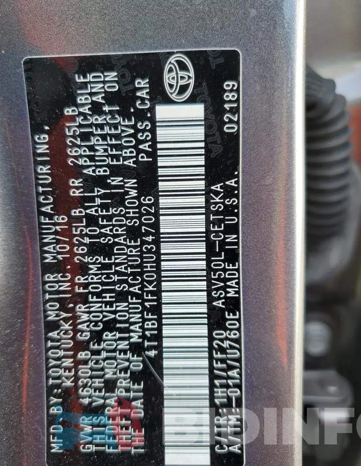 4T1BF1FK0HU347026 Photo# 12