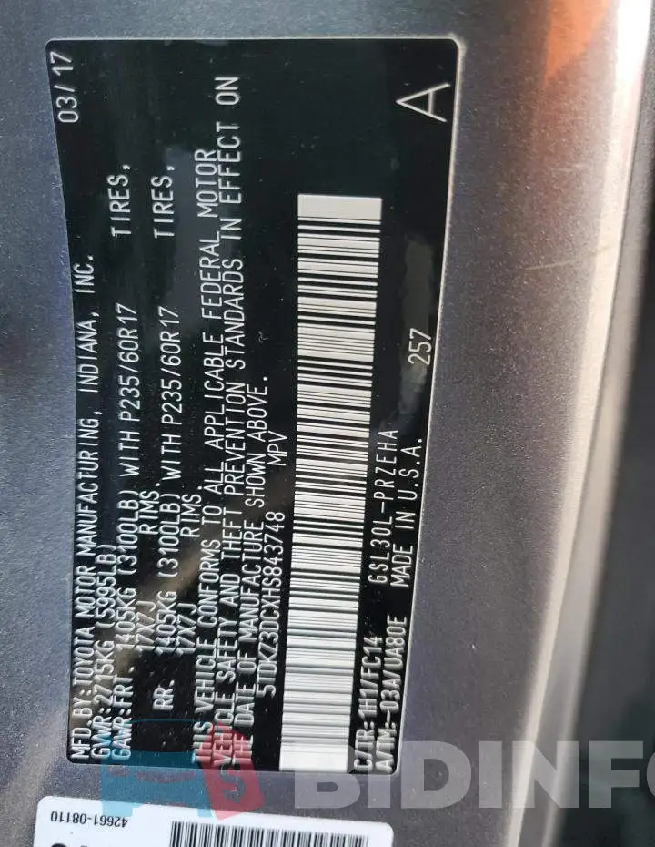 5TDKZ3DCXHS843748 Photo# 14