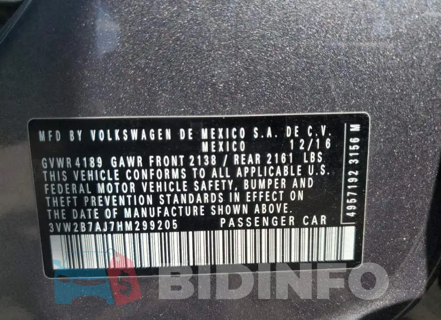 3VW2B7AJ7HM299205 Photo# 10
