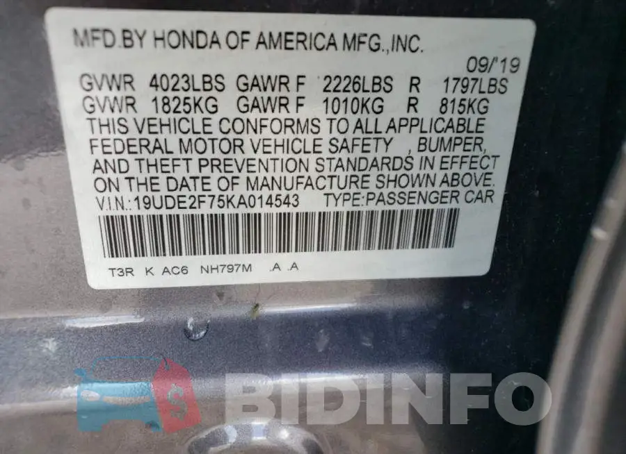 19UDE2F75KA014543 Photo# 10