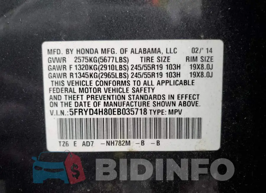 5FRYD4H80EB035718 Photo# 14